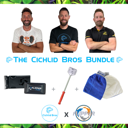 Three men standing together with 'The Cichlid Bros Bundle' products displayed below.