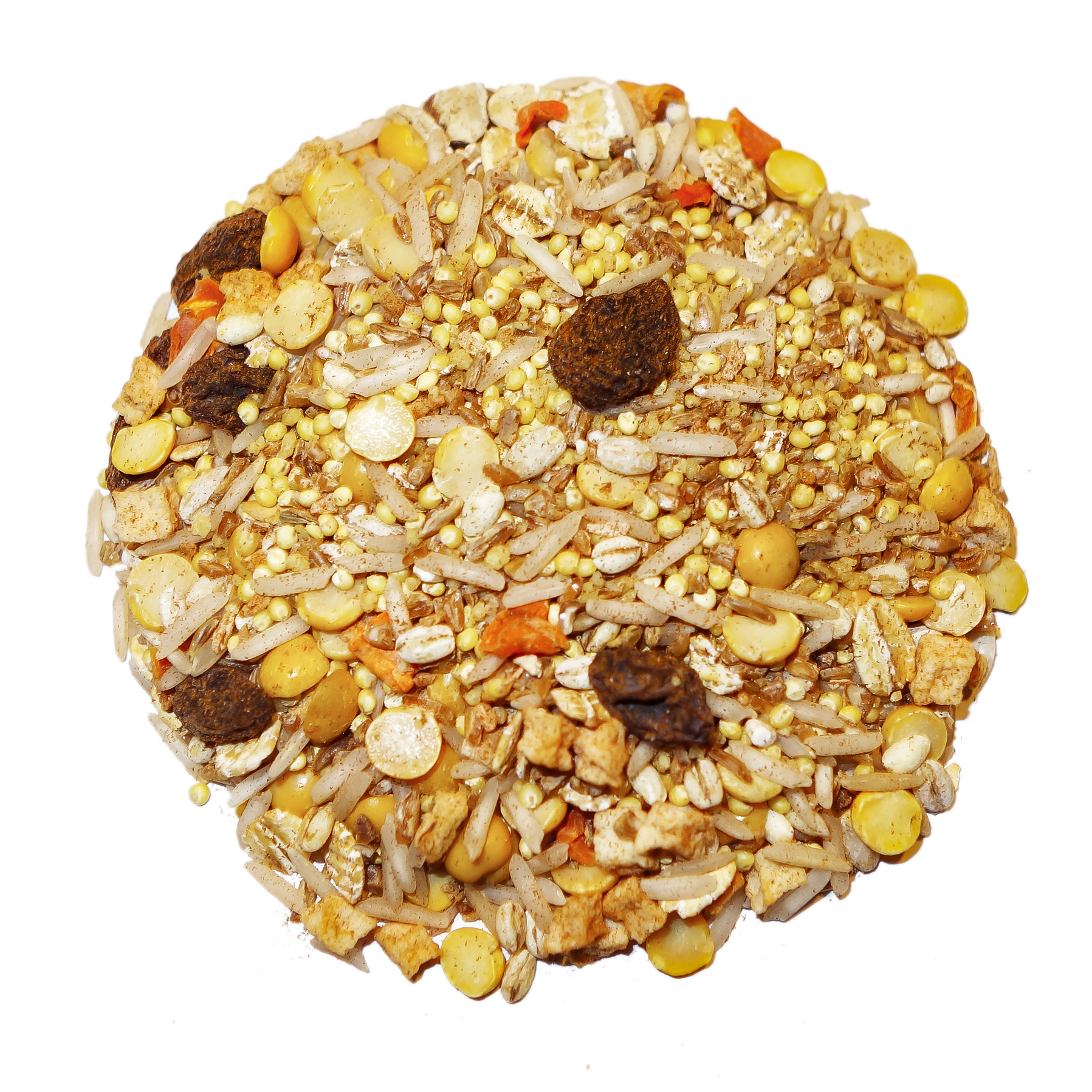 Round bird feeder filled with seeds and grains on a white background
