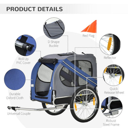 Bicycle trailer with various features highlighted on a white background