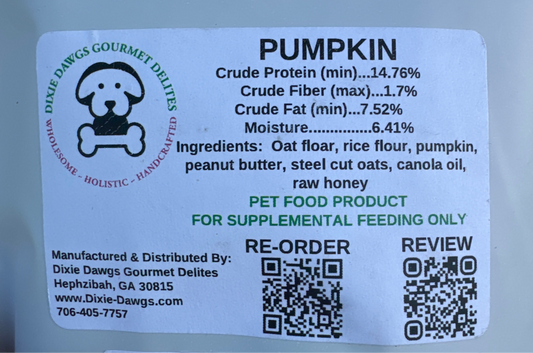 Pet food label for 'Pumpkin' with nutritional information and ingredients on a blue background.