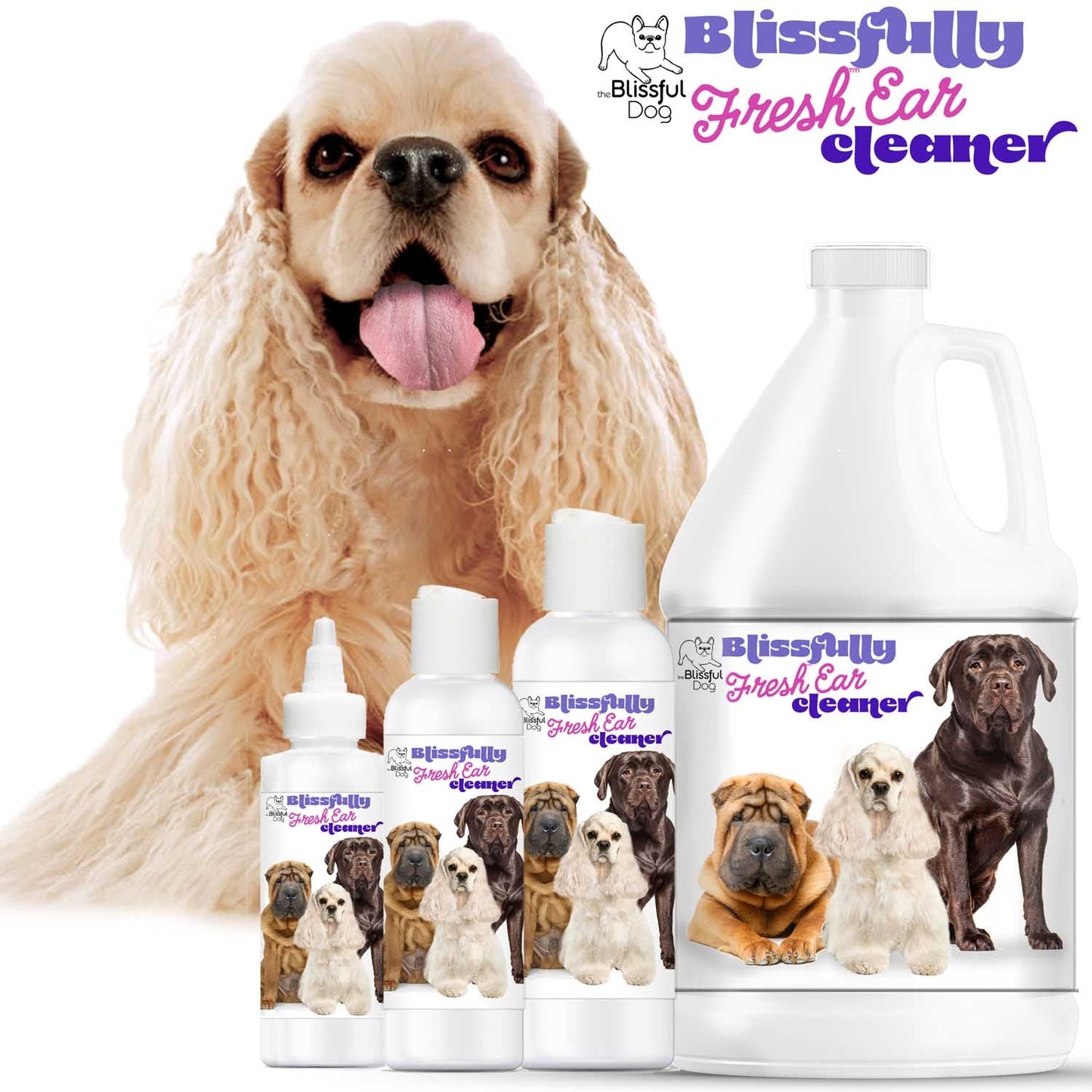 Dog with bottles of Blissfully Fresh Ear Cleaner on a white background