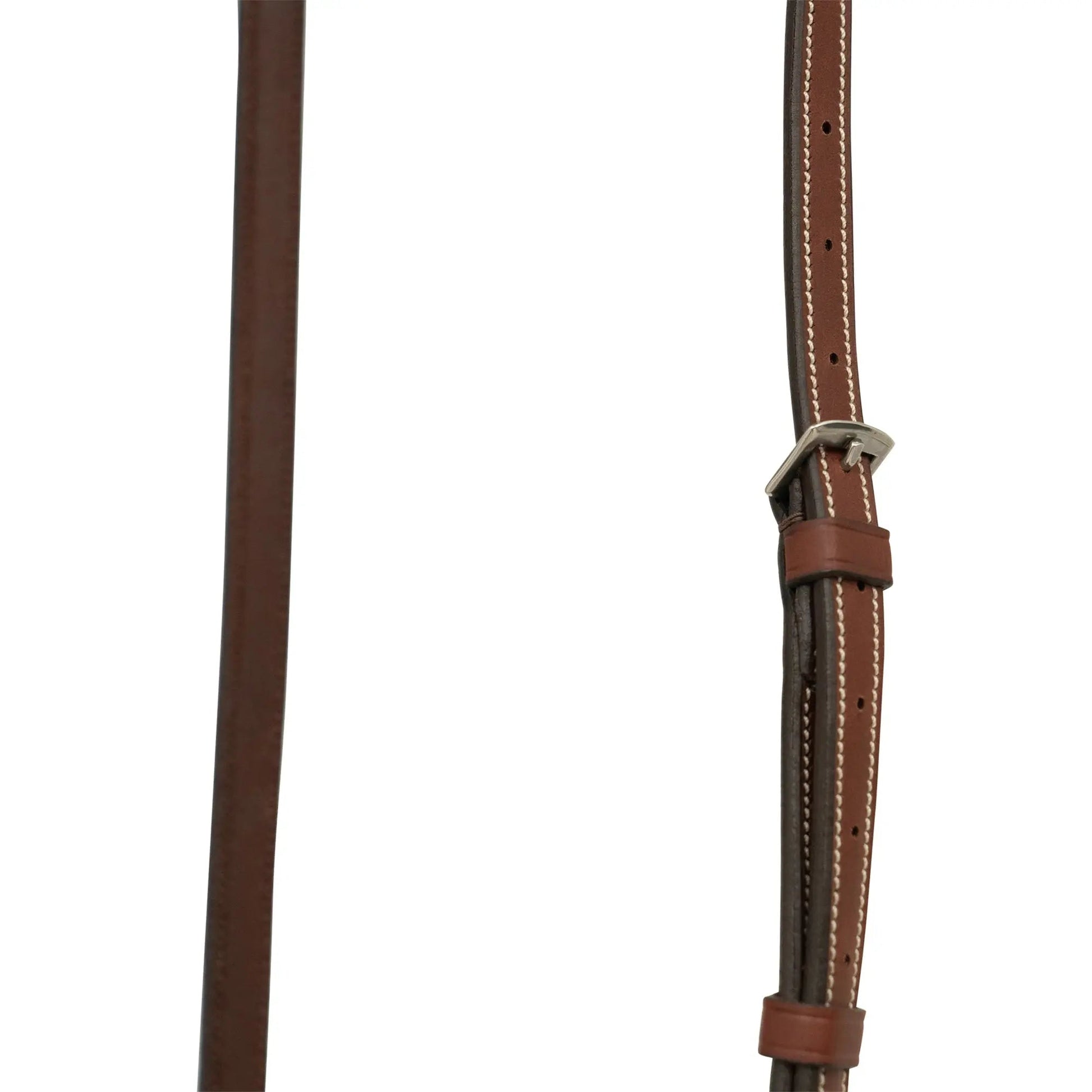 Brown leather strap with a buckle on a white background