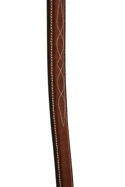 Close-up of a brown leather strap with white stitching on a white background
