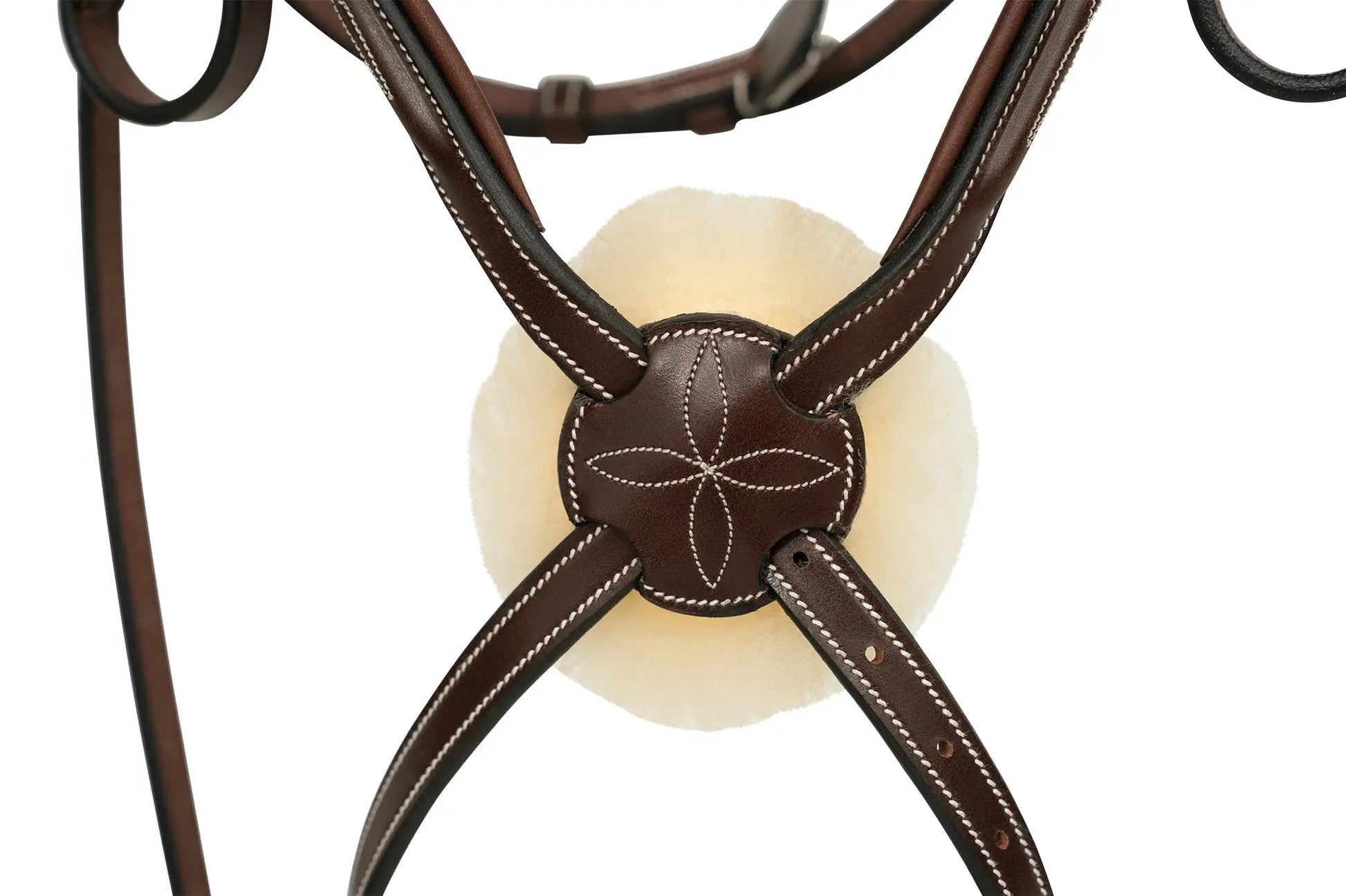 Brown leather bridle with a white leather pad on a white background
