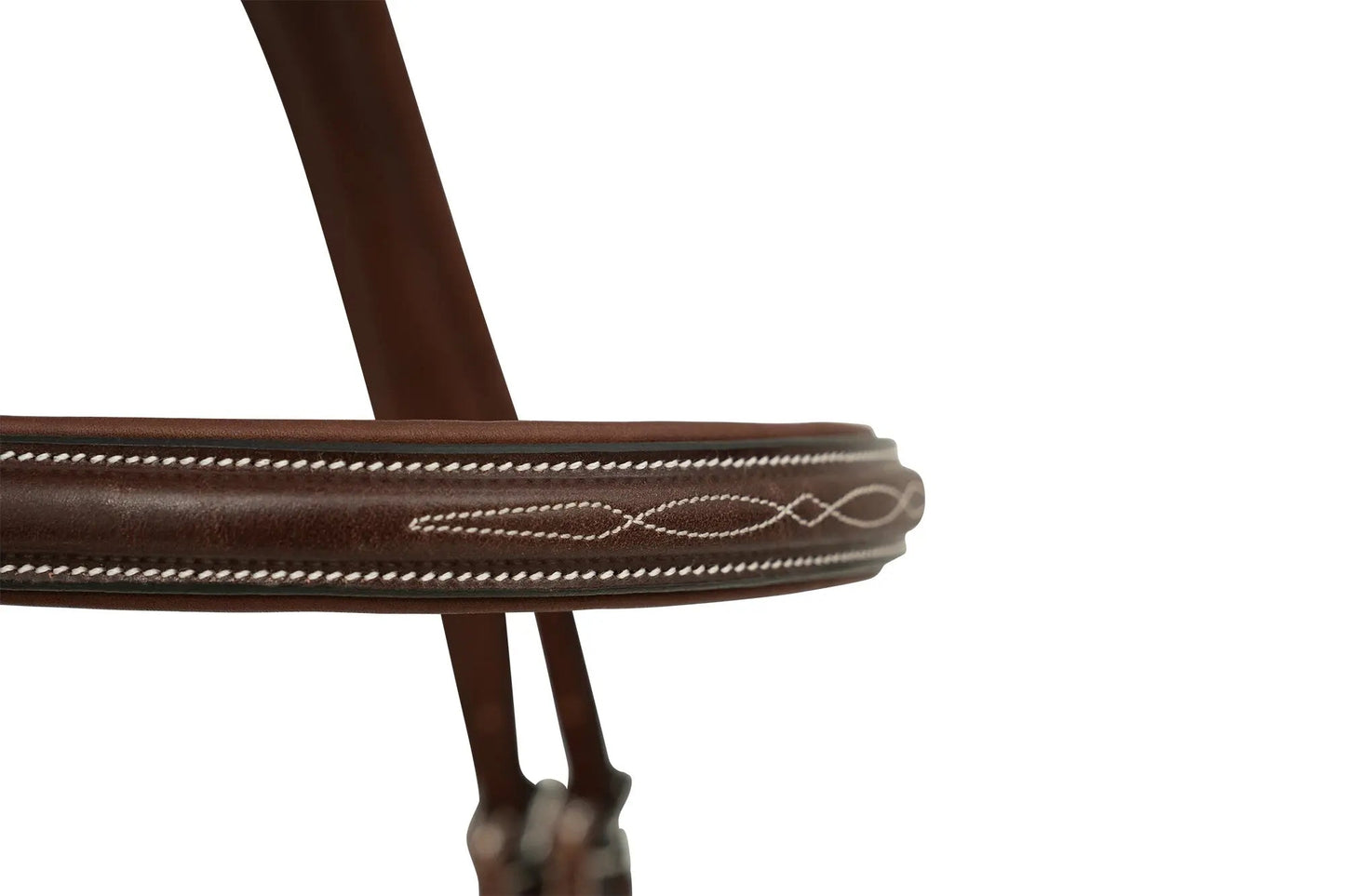 Close-up of a brown leather bridle with white stitching on a white background