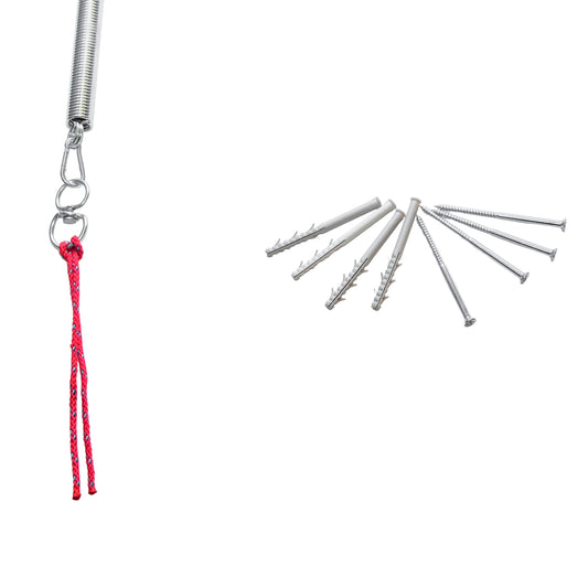 Metal spring with red cord and six metal nails on a white background