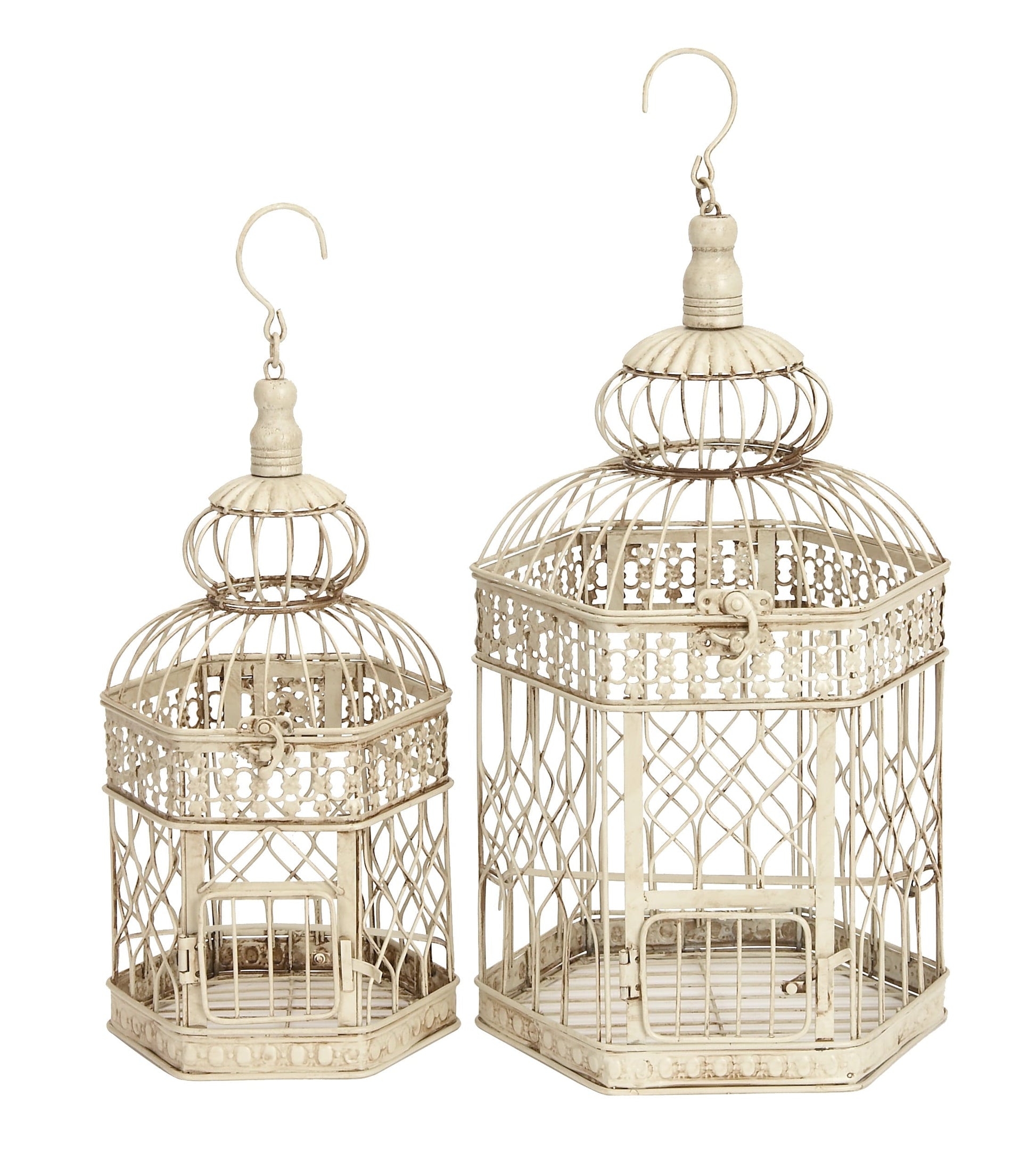 Two decorative birdcages with a white background
