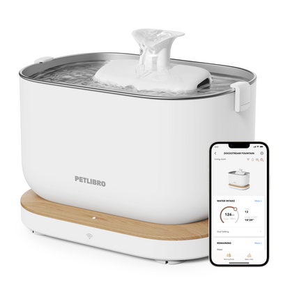 Pet water fountain with smartphone displaying app interface on a white background