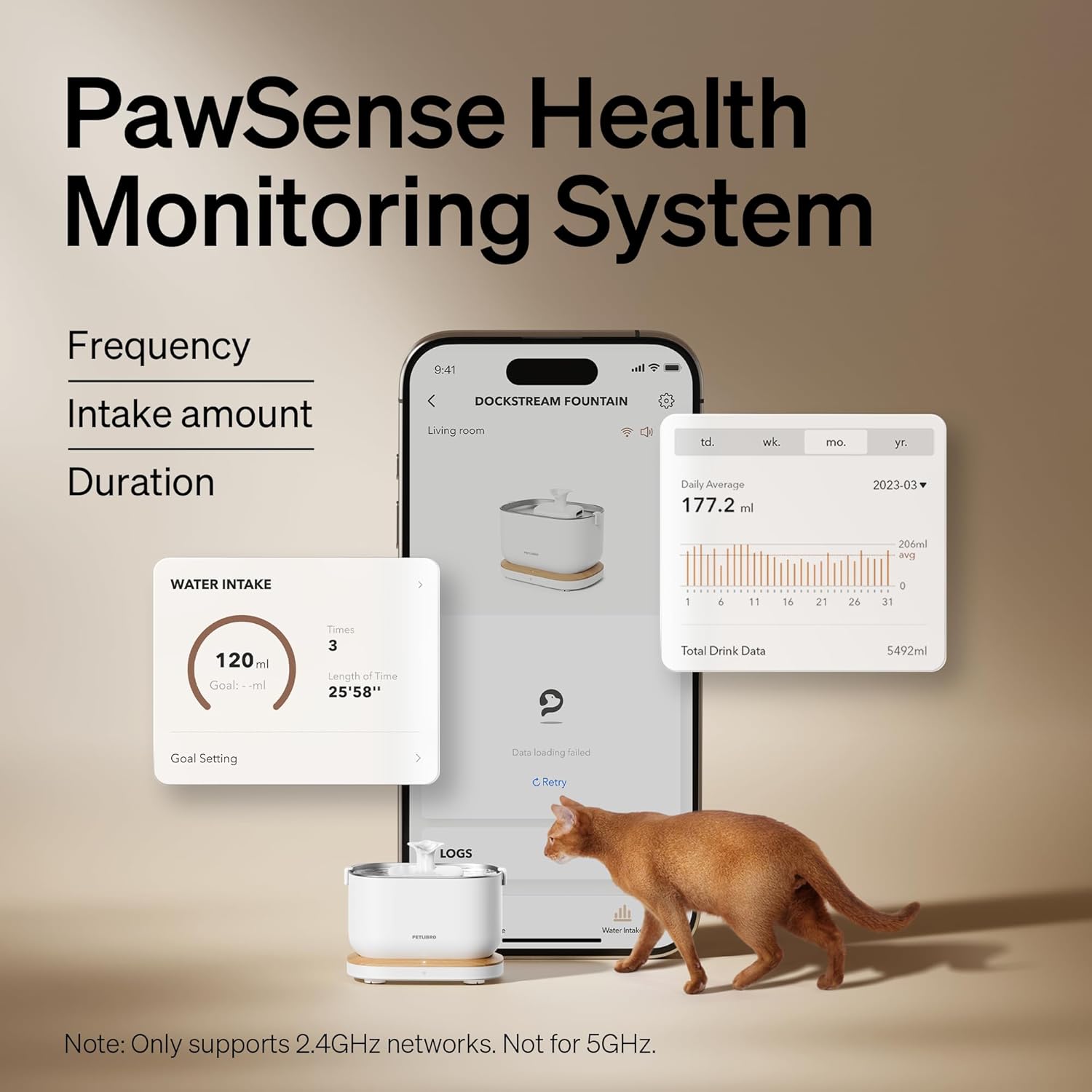 PawSense Health Monitoring System with smartphone app and cat on a beige background