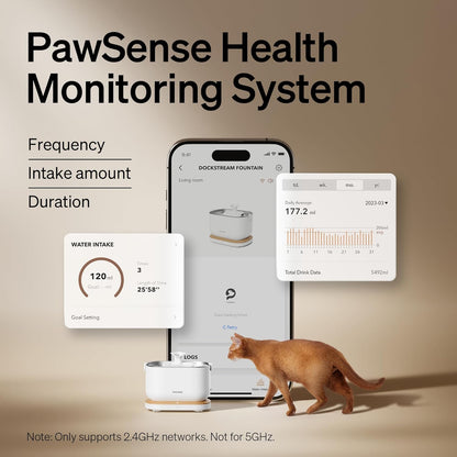 PawSense Health Monitoring System with smartphone app and cat on a beige background