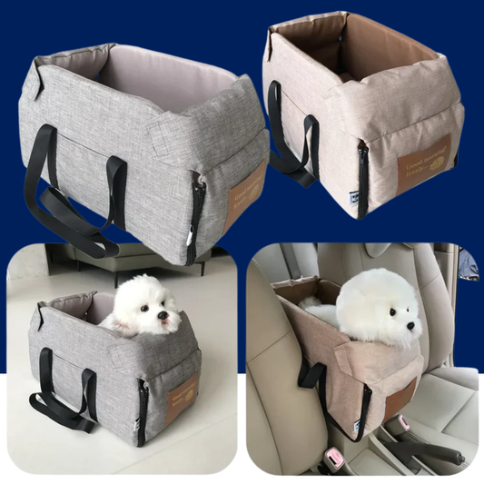 Pet car seat carrier in gray and beige with a dog inside on a blue background