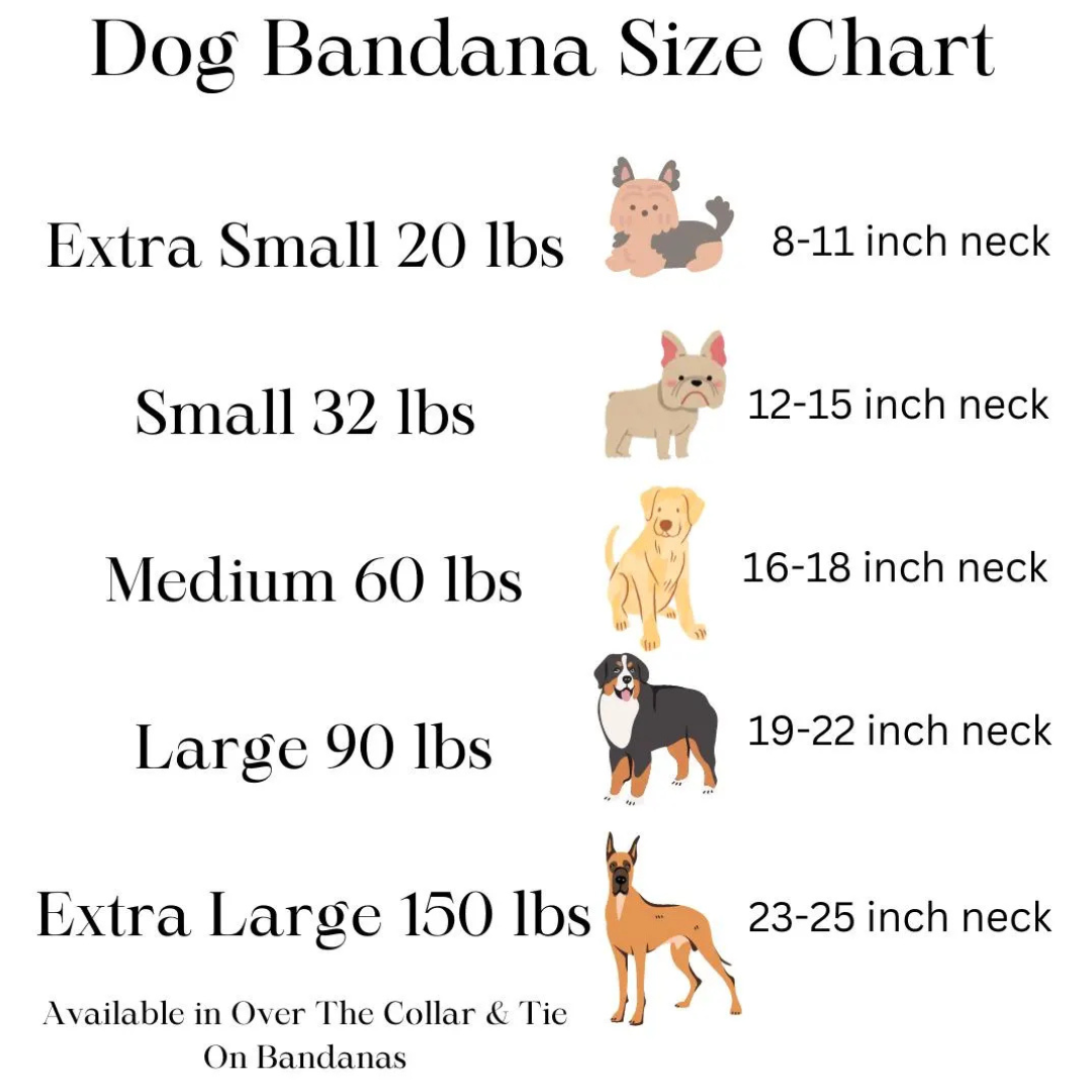 Dog bandana size chart with illustrations of dogs and corresponding neck sizes.