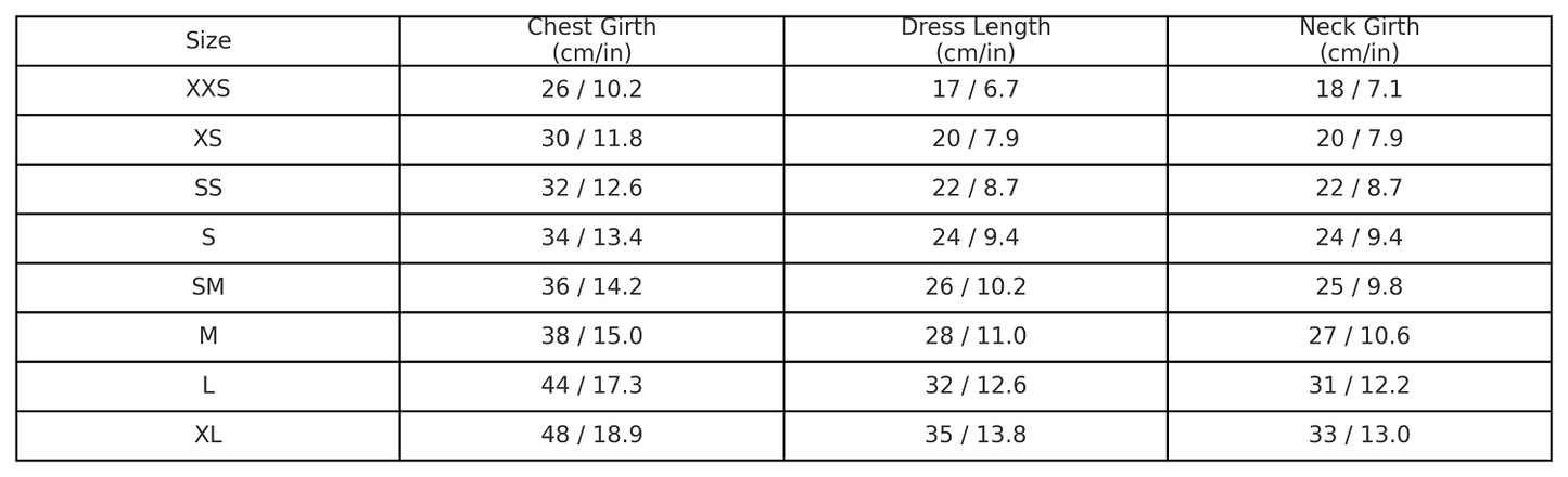 Table displaying size chart for chest, dress length, and neck width measurements.