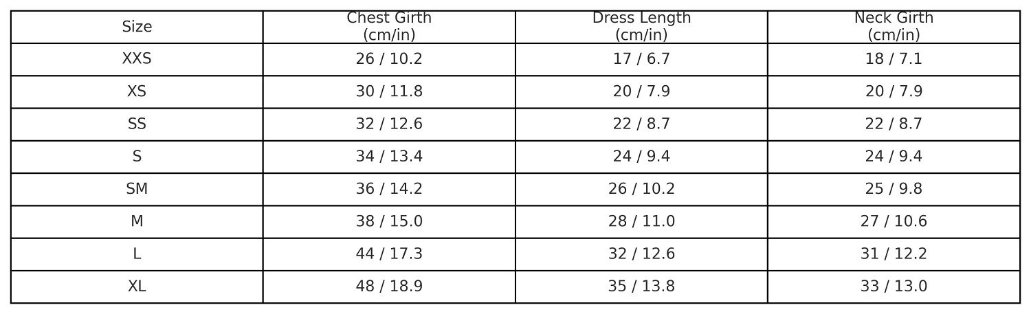 Table displaying size chart for chest, dress length, and neck width measurements.