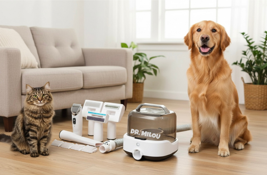 Dog and cat sitting next to a Dr. Milou pet grooming device in a living room.
