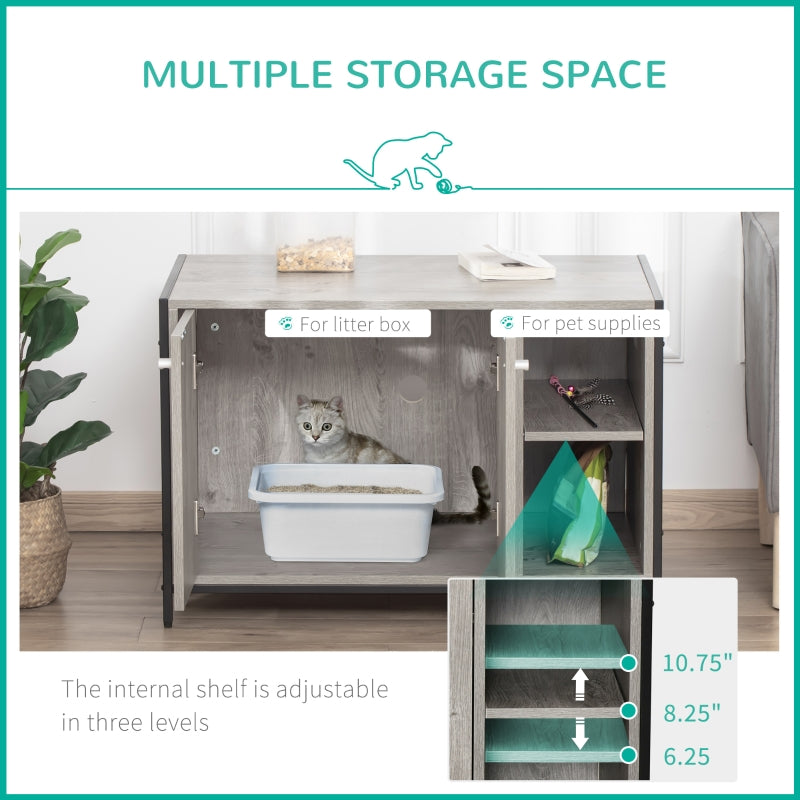 Cat litter box inside a multi-level storage unit with adjustable shelves.