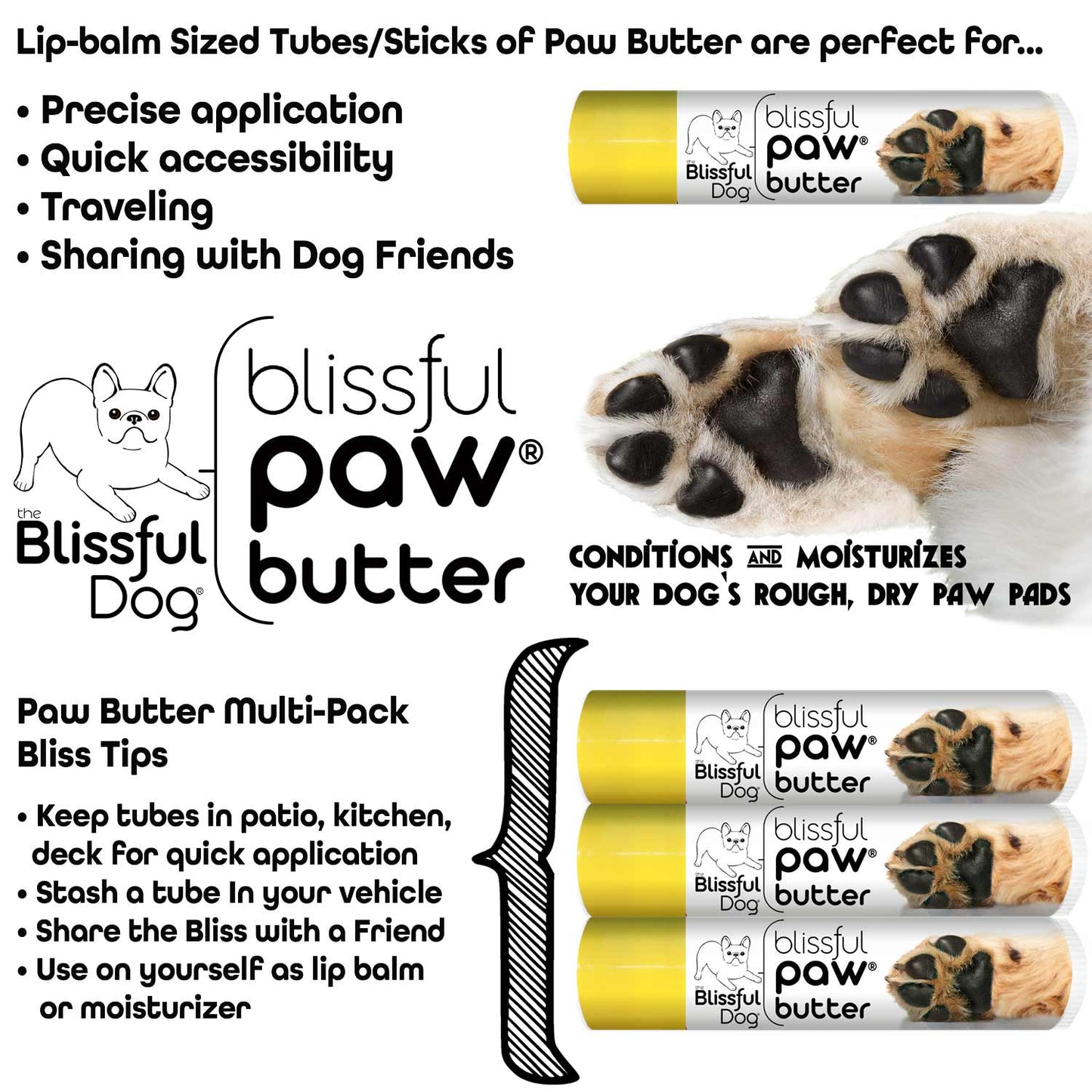 Blissful Paw Butter product information with paw illustration and usage tips.