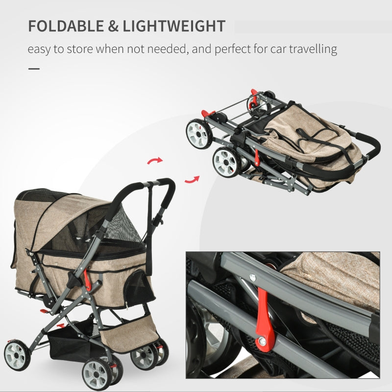 Foldable and lightweight pet stroller with text highlighting its features on a white background.