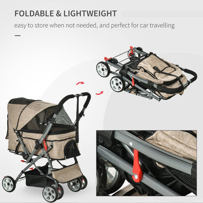 Foldable and lightweight pet stroller with text highlighting its features on a white background.