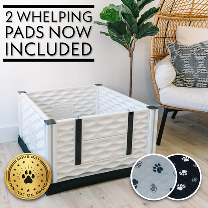 Pet playpen with whelping pads included, featuring a gold innovation award badge.