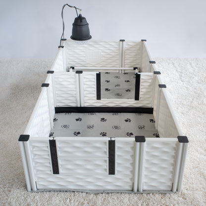 Pet playpen with multiple levels on a carpeted floor