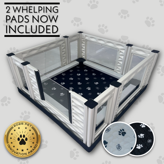 Pet playpen with black paw print pads and 2025 Pet Innovation Award badge on a light gray background.