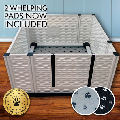 Pet playpen with whelping pads included, featuring a gold innovation award badge.