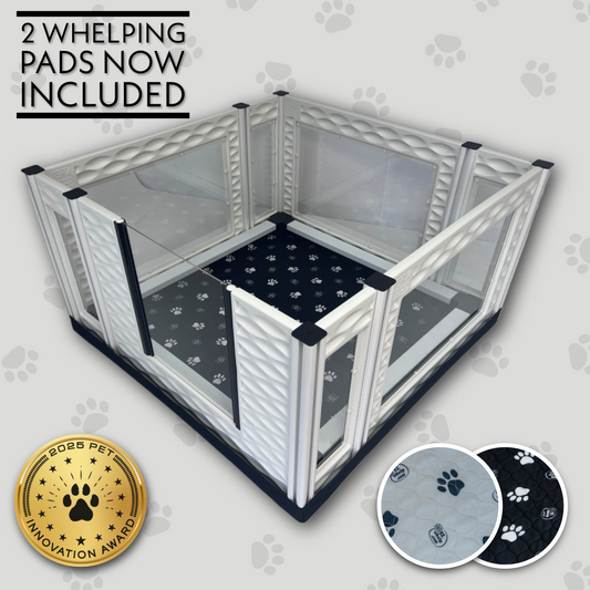 Pet playpen with whelping pads included on a light gray background with paw print designs.