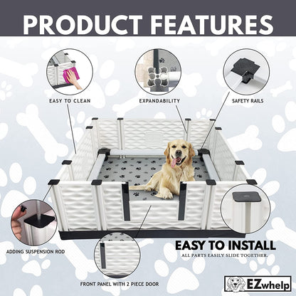 Pet playpen with features highlighted on a gray background, featuring the brand 'EZwhelp'.