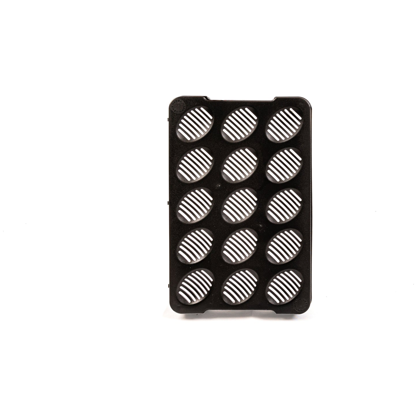Black silicone mold with oval shapes on a white background