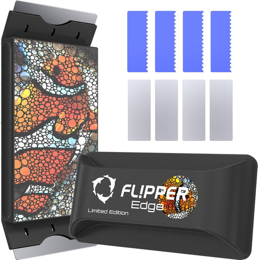 Flipper Edge screen protector set with colorful case and blue and white labels on a white background