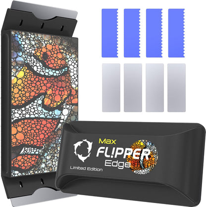 Max Flipper Edge screen protector set with colorful case and blue and white labels on a white background