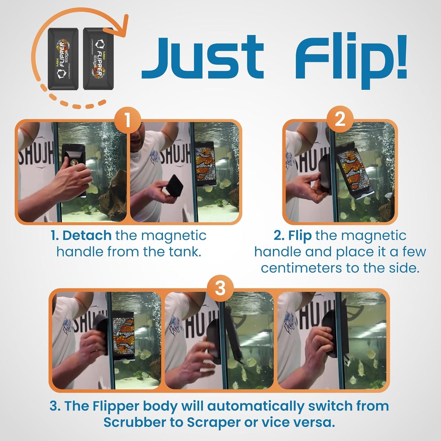 Instructions for using a magnetic handle with 'Just Flip!' branding.