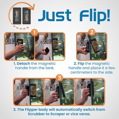 Instructions for using a magnetic handle with 'Just Flip!' branding.