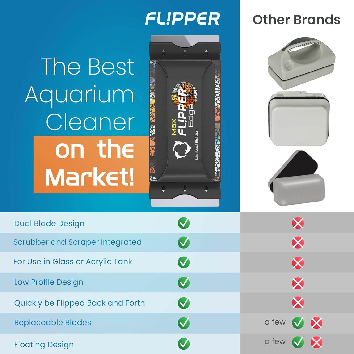 Advertisement for Flipper aquarium cleaner with features listed and comparison to other brands.