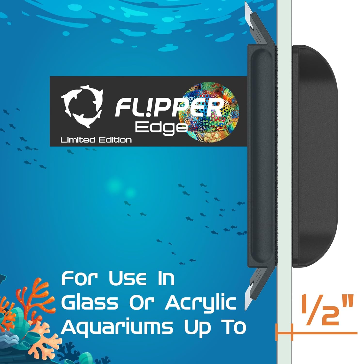 Flipper Edge product with underwater scene design on a blue background