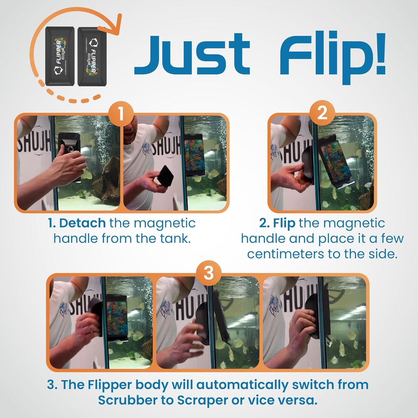 Instructions for using a magnetic handle with 'Just Flip!' branding.