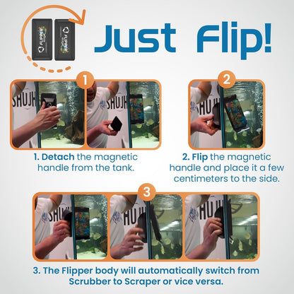Instructions for using a magnetic handle with 'Just Flip!' branding.