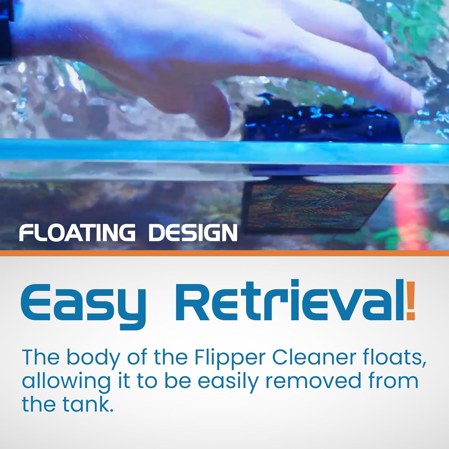 Advertisement for a flipper cleaner with text about its floating design and easy retrieval feature.