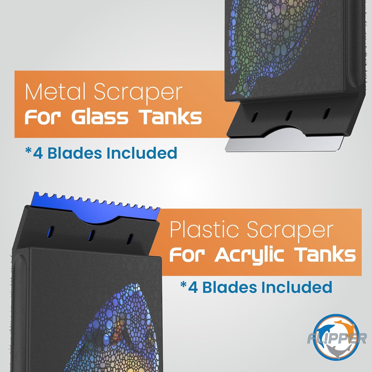 Metal and plastic scrapers for glass and acrylic tanks with included blades on a gray background.