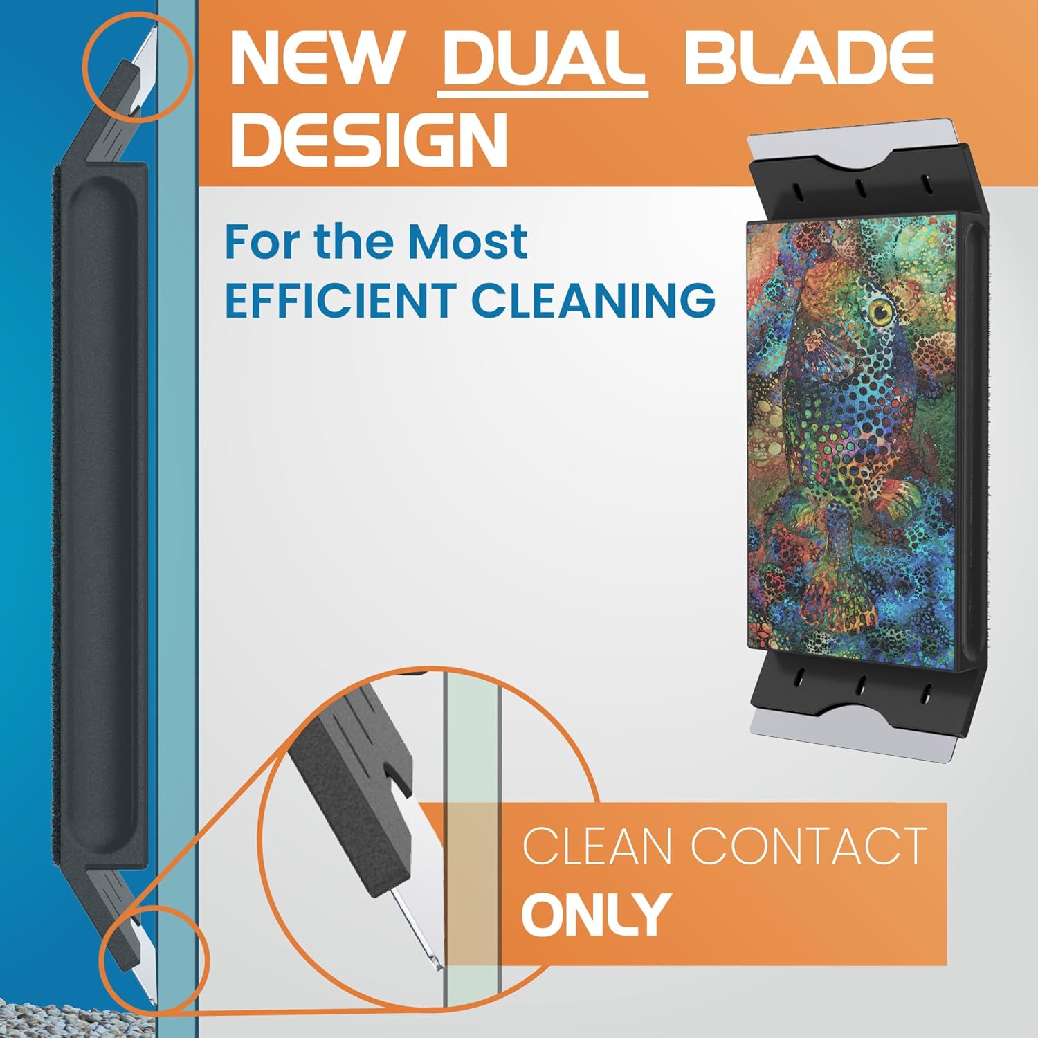 Cleaning tool with dual blade design and colorful pattern on a blue and orange background