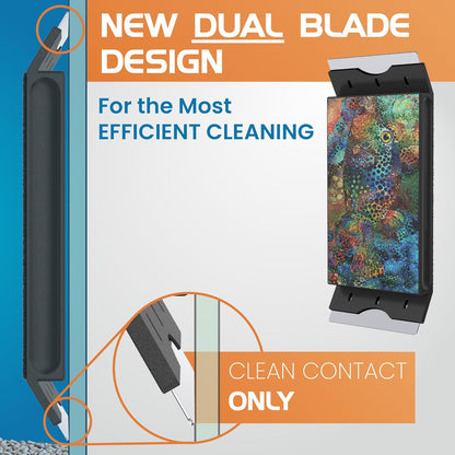 Cleaning tool with dual blade design and colorful pattern on a blue and orange background