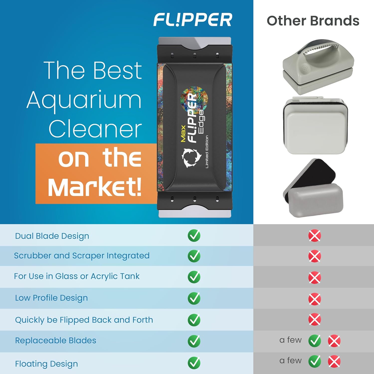 Flipper aquarium cleaner advertisement with features listed and comparison to other brands.