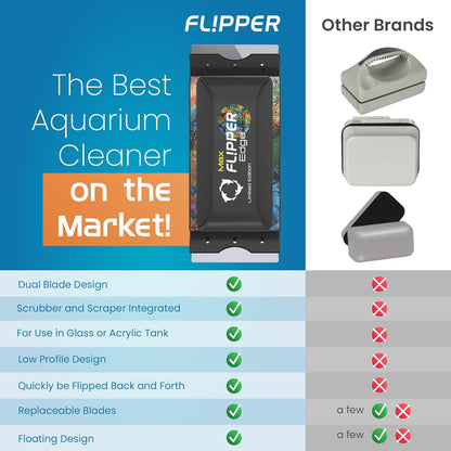 Flipper aquarium cleaner advertisement with features listed and comparison to other brands.