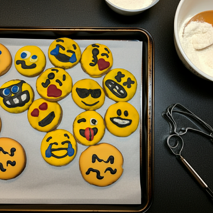 Sheet of emoji-themed cookies on a baking tray with bowls of ingredients and cookie cutters.