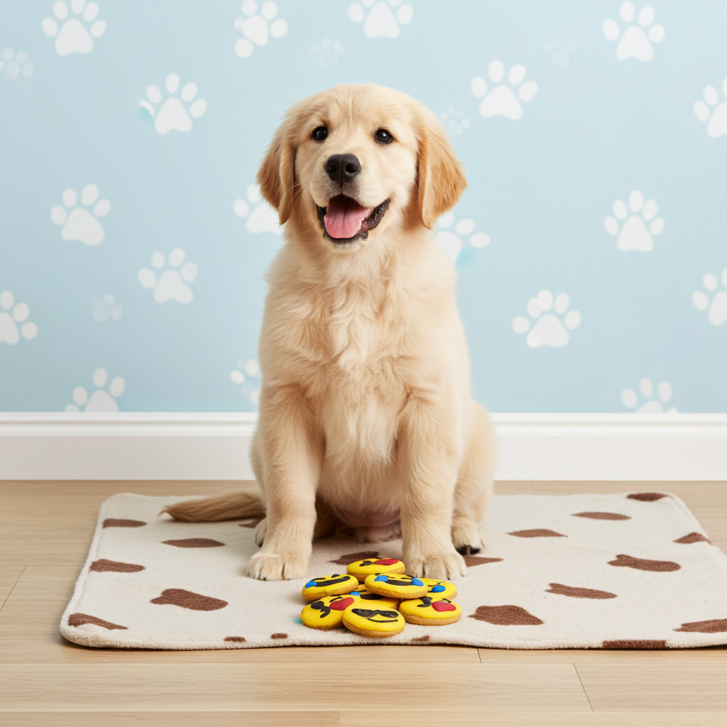 Dog sitting on a mat with paw prints, surrounded by colorful dog toys against a light blue wall with paw print pattern.