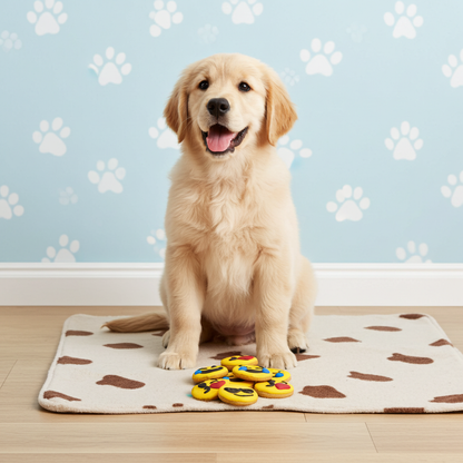 Dog sitting on a mat with paw prints, surrounded by colorful dog toys against a light blue wall with paw print pattern.