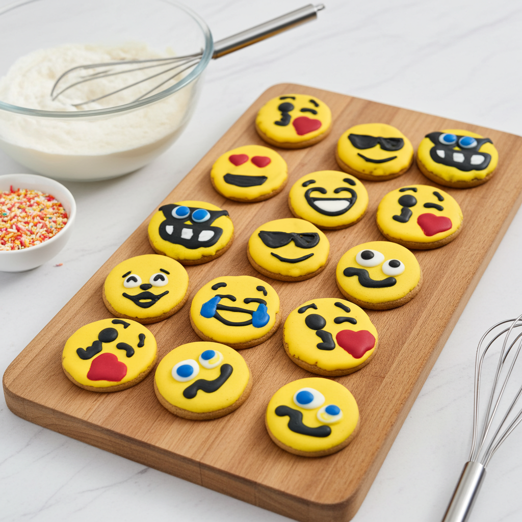 Emoticon cookies on a wooden board with baking ingredients in the background