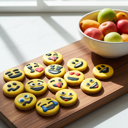 Emoticon cookies on a wooden board with a bowl of fruits in the background