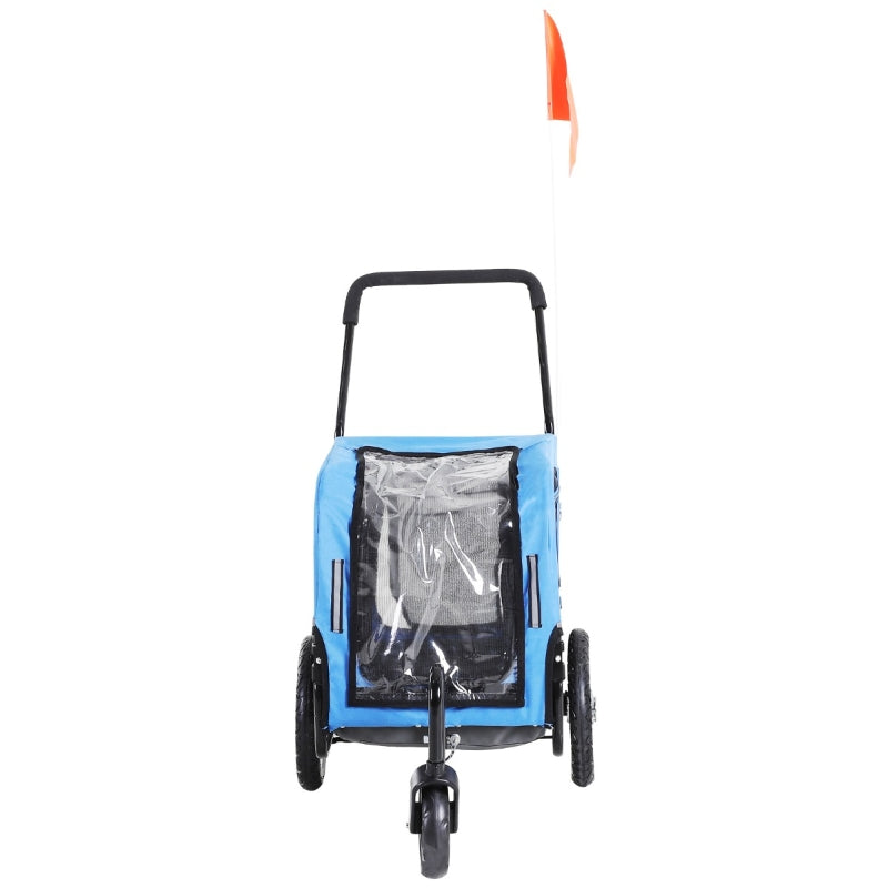 Blue and black stroller with a clear bag on a white background